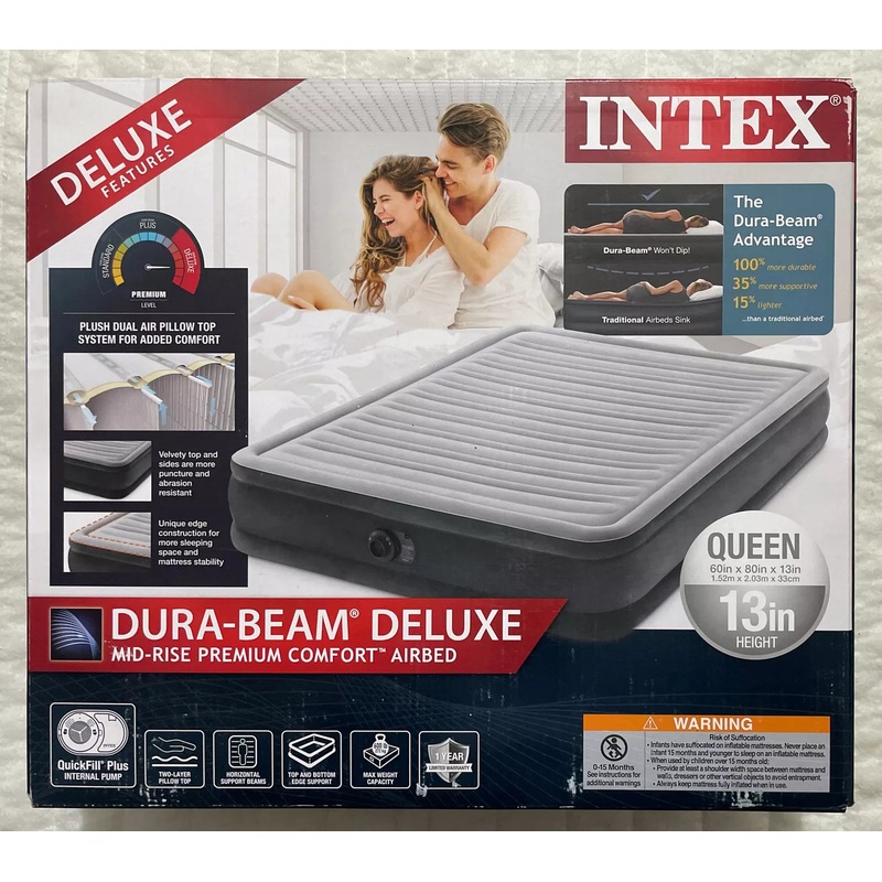 Intex Dura-Beam Deluxe Plush Comfort Queen Air Mattress Bed With Built-In Pump