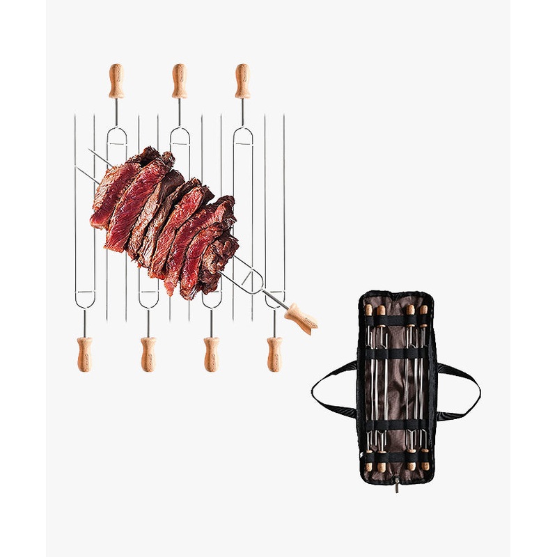 Campingmoon Wood handle Double Prong BBQ Skewers 8pcs Set